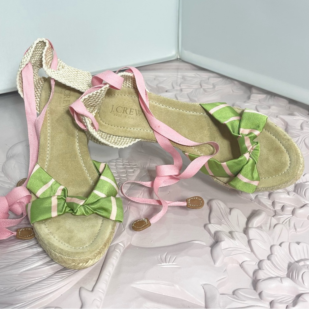 J Crew Marianne Espadrille Pink/Green Wrap Ankle Wedge Sandals Women’s 8